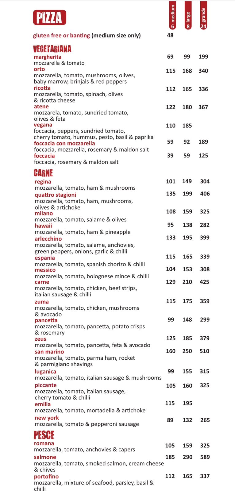 Rossa Pasta Menu