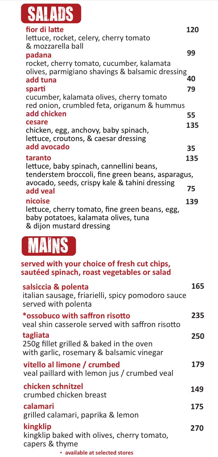 Rossa Pizza Menu