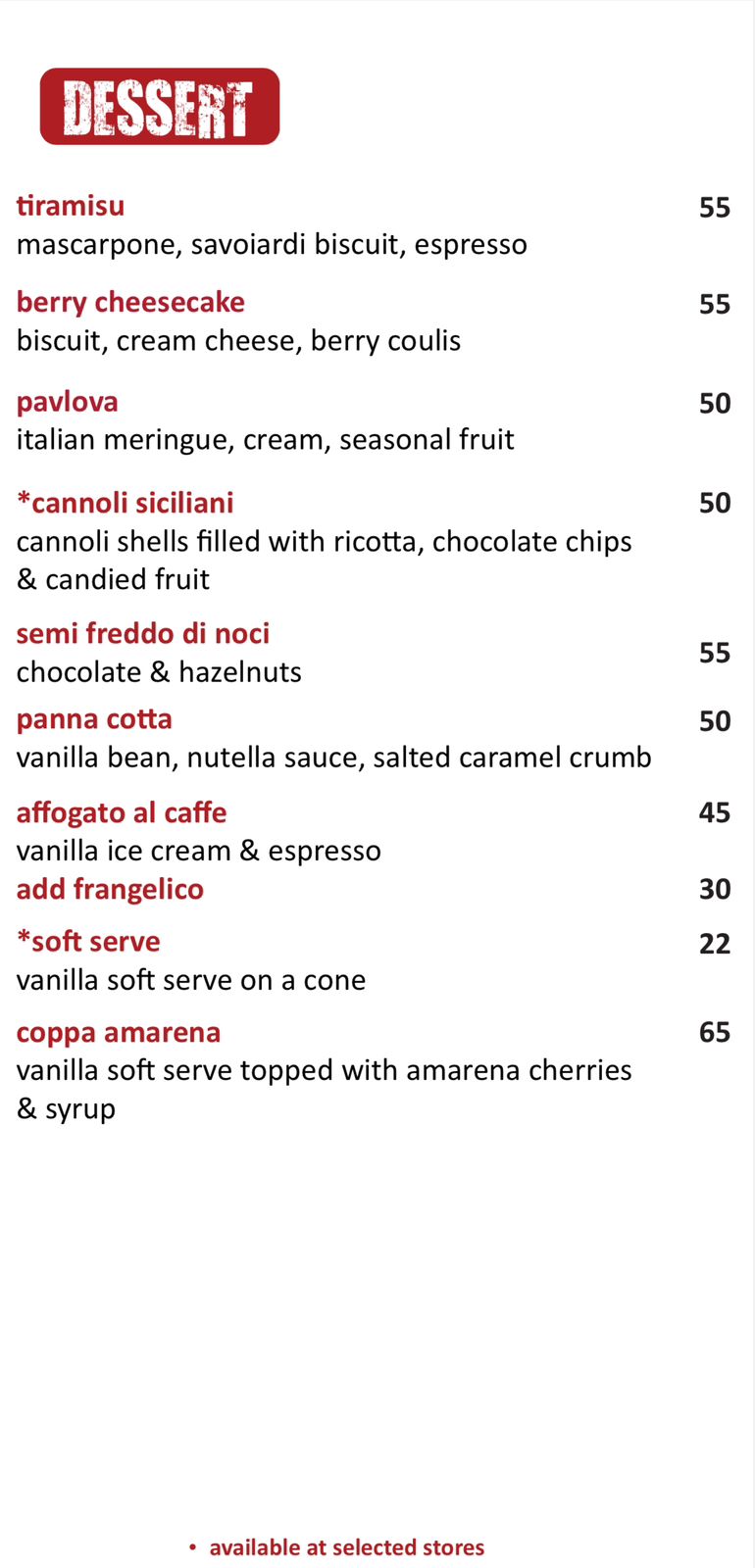 Rossa desserts and extras menu